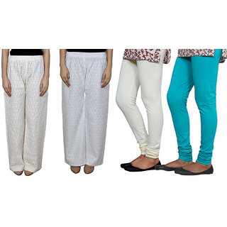 IndiWeaves Women Attractive Combo Pack offer 2 Chikan Palazzo with 2 Bio Wash Leggings (Set of 4)