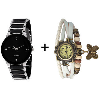 Hubert Watches-Combo Of Black Silver Quartz Analog Watch For Man With White Designer Leather Analog Watch For Woman