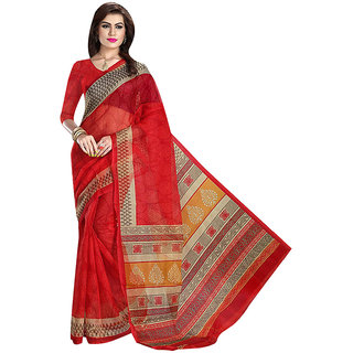 Mafatlal Red Polycotton Printed Saree Without Blouse