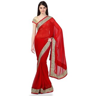 kanak new designer red color saree with golden embroided work lace