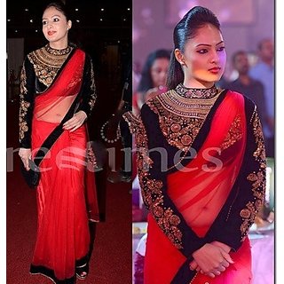 Online Mia Red Saree With Black Heavy Blouse Prices Shopclues India Tamil actress priya in half sleeveless black blouse and red saree nevel show hot spicy video. mia red saree with black heavy blouse