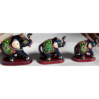                       Three Piece Hand Painted Wooden Elephants                                              