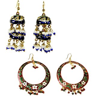 Buy Red Green Jaipuri Meenakari Brass Earring N Get Blue Earring Free