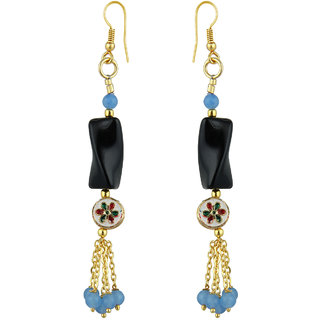                       Pearlz Ocean Seducing Sky Blue Jade and  Black Obsidion Beads Earrings for Women                                              