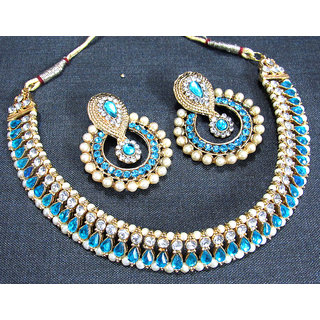 Sky Blue Stone Pearl Polki Necklace Set 