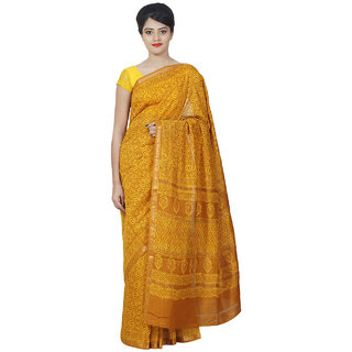 Indrashree Sarees Block Printed With Beautiful Zari Border-Yellow Color Designer Maheshwari Saree With Unstitched Blouse
