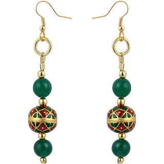                       Pearlz Ocean Bright Dark Green Jade Beads 2 Inches Earrings For Women                                              