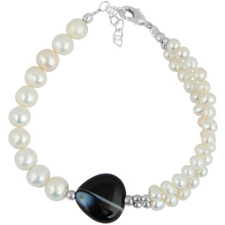                       Pearlz Ocean White Fresh Water Pearl And Black Line Agate Two strand Bracelet For Women                                              