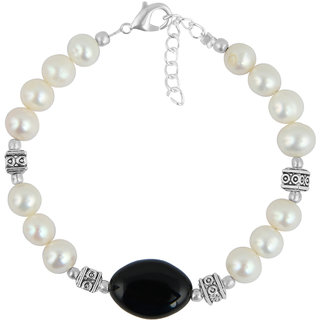                       Pearlz Ocean White Fresh Water Pearl And Black Line Agate 7 inches Bracelet For Women                                              