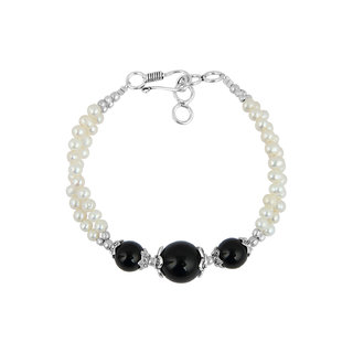                       Pearlz Ocean White Fresh Water Pearl, Black Jade And Black Agate Bracelet For Girls                                              