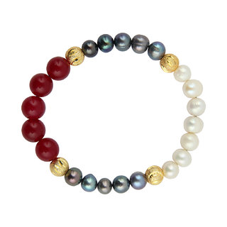                       Pearlz Ocean White, Red And Black Stretchable 7.5 Inches Pearl Bracelet For Women                                              