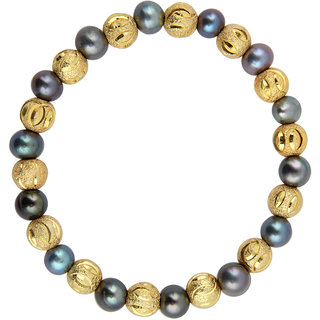                       Pearlz Ocean Golden And Black Stretchable 7.5 Inches Pearl Bracelet For Women                                              