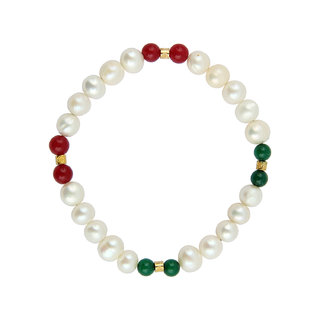                       Pearlz Ocean White Pearl And Green  Red Jade Stretchable 7.5 Inches Pearl Bracelet For Women                                              