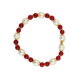                      Pearlz Ocean Red Jade And White Pearl Stretchable 7.5 Inches Pearl Bracelet For Women                                              