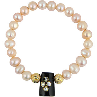                       Pearlz Ocean Orange Pearl And Black Agate Stretchable Bracelet With Golden Beads For Women                                              