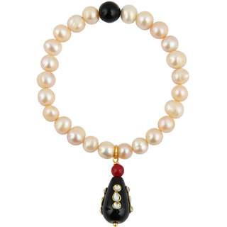                       Pearlz Ocean Red Jade, Black Onyx And Freshwater Pearl Stretchable Bracelet For Women                                              