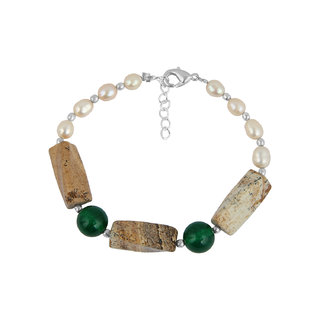                       Pearlz Ocean Fresh Water Pearl, Green Jade And Picture Jasper 7 Inches Bracelet For Girls                                              