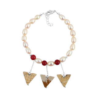 Pearlz Ocean Fresh Water Pearl, Red Jade And Picture Jasper 7 Inches Bracelet For Girls