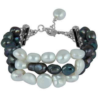                       Pearlz Ocean Vanilla Rush 7.5 Inches White  Dyed Black Freshwater Pearl Three Strand Bracelet                                              