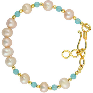                       Pearlz Ocean Orange Freshwater Pearl And Sky Blue Jade 7 inches Bracelet with Extension                                              