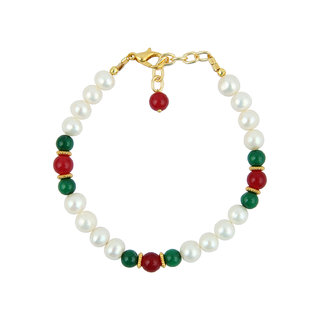                       Pearlz Ocean White Freshwater Pearl, Red And Green Jade 7 inches Bracelet with Extension                                              