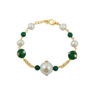                       Pearlz Ocean White Freshwater Pearl, Shell Pearl And Green Jade 7 inches Bracelet with Extension                                              