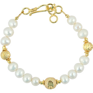                       Pearlz Ocean White Freshwater Pearl And Golden Metal Beads 7 inch Bracelet with Extension                                              