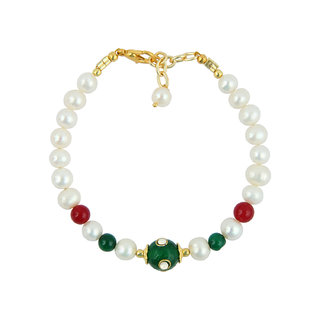                       Pearlz Ocean White Freshwater Pearl, Red Jade And Green Jade 7 inch Bracelet with Extension                                              