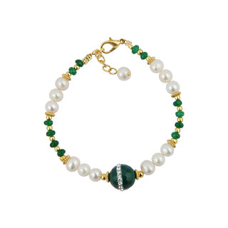                       Pearlz Ocean White Freshwater Pearl And Green Jade 7 inch Bracelet with Extension                                              