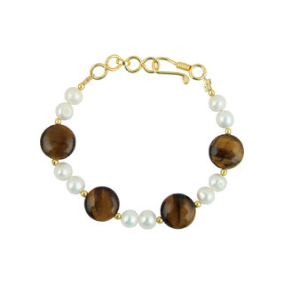                       Pearlz Ocean White Freshwater Pearl And Yellow Tiger Eye 7 inches Bracelet with Extension                                              