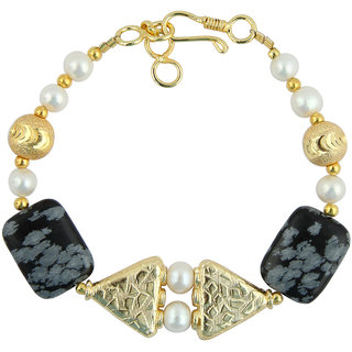                       Pearlz Ocean Black Snowflake And White Freshwater Pearl 7 inch Bracelet with Extension                                              
