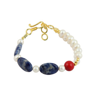                       Pearlz Ocean Sodalite, Red Coral And White Freshwater Pearl 7 Inch Bracelet with Extension                                              