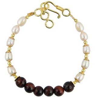                       Pearlz Ocean Round Freshwater Pearl And Red Tiger Eye 7 Inch Bracelet with Extension                                              