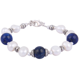                      Pearlz Ocean  Alaia White Freshwater Pearl  Dyed Lapis Lazuli Gemstone Beads 7.5 Inches Bracelet                                              