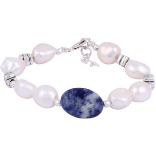                       Pearlz Ocean Spring Sheen White Freshwater Pearl  Sodalite Gemstone Beads 7.5 Inches Bracelet                                              