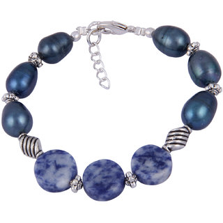Pearlz Ocean Blue Heaven Dyed Bluish Freshwater Pearl  Sodalite Gemstone Beads 7.5 Inches Bracelet