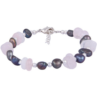 Pearlz Ocean Pink Beauty Dyed Freshwater Pearl  Rose Quartz Gemstone Beads 7.5 Inches Bracelet