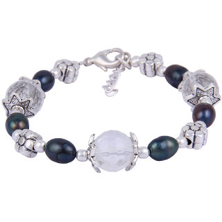                       Pearlz Ocean Smitten Dyed Black Freshwater Pearl  White Crystal Beads 7.5 Inches Bracelet                                              