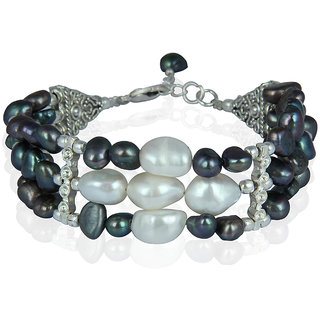                       Pearlz Ocean Nymphed 7.5 Inches White  Dyed Black Freshwater Pearls Three Strand Bracelet                                              