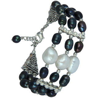                       Pearlz Ocean Tatty Tales 7.5 Inches White  Dyed Black Freshwater Pearl Three Strand Bracelet                                              