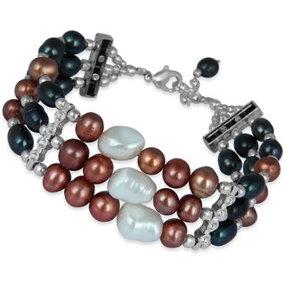 Pearlz Ocean Divine Elegance 7.5 Inches White, Dyed Coffee  Dyed Black Freshwater Pearl Three Strand Bracelet