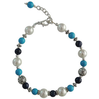                       Pearlz Ocean Shell Pearl,Howlite Turquoise and Dyed Lapis Lazuli Beads 7.5  Bracelet                                              