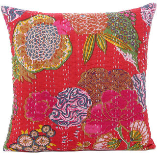 2pcs Lot INDIAN KANTA HANDMADE CUSHION COVER RED ETHNIC PILLOW COVER SIZE 16"