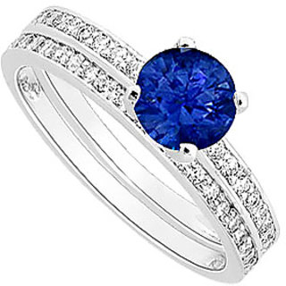 Comely Sapphire And Diamond Engagement Ring With Wedding Band Set With 14K White Gold