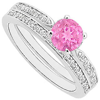 Delightful Pink Sapphire And Diamond Engagement Ring With Wedding Band Set With 14K White Gold