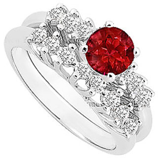 Marvelous Ruby And Diamond Engagement Ring With Wedding Band Set With 14K White Gold