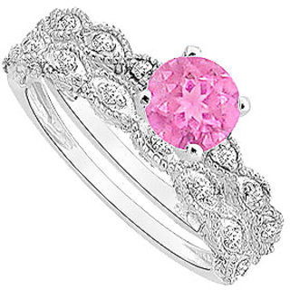 Resplendent Pink Sapphire And Diamond Engagement Ring With Wedding Band Set With 14K White Gold Design 1