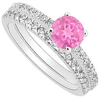 Radiant Pink Sapphire And Diamond Engagement Ring With Wedding Band Set With 14K White Gold