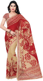 Kashvi Sarees Faux Georgette Red-Cream  Multi Colored Printed Saree With Blouse Piece (10865)
