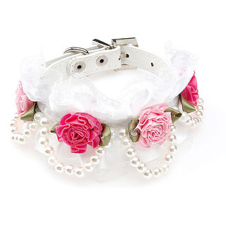 Magideal Pet Dog Cat Puppy Imitation Pearls Necklace Flower Lace Collar Belt White S